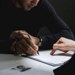 Criminal man with handcuffs signing document in interrogation room after committed a crime